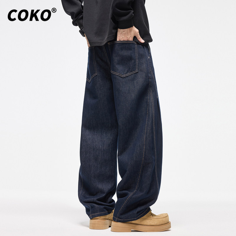 COKO深蓝色阔腿弯刀牛仔裤男宽松直筒秋冬季加绒莱赛尔百搭长裤子