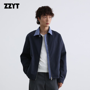 ZZYT美式复古格纹翻领外套休闲短款潮牌复古水洗工装夹克男女