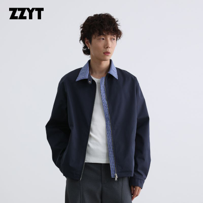ZZYT美式复古格纹翻领外套休闲短款潮牌复古水洗工装夹克男女