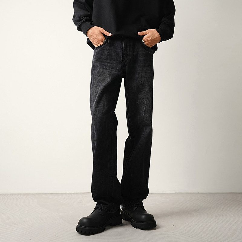 CONVERGES黑色阔感直筒牛仔裤男潮牌秋冬加绒水洗宽松百搭长裤子