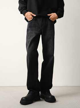 CONVERGES黑色阔感直筒牛仔裤男潮牌秋冬加绒水洗宽松百搭长裤子