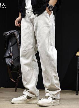 挺阔纯棉直筒休闲裤男士2025新款秋冬宽松大码工装拼接加绒裤子厚