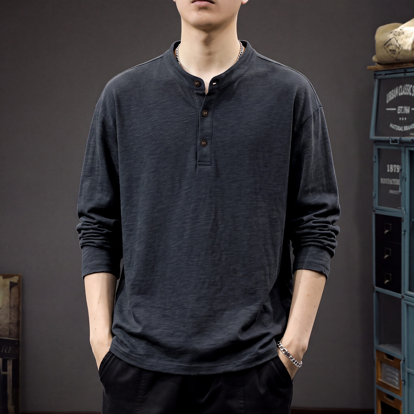 秋季新中式纯棉长袖T恤男2026新款亨利领重磅打底衫竹节棉上衣潮