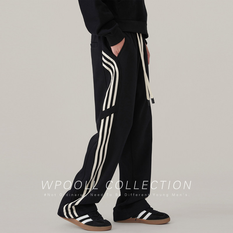 秋季新款运动卫裤男生黑色宽松直筒加绒休闲裤美式高街加长裤子男