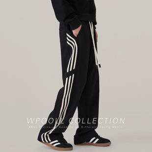 秋季新款运动卫裤男生黑色宽松直筒加绒休闲裤美式高街加长裤子男