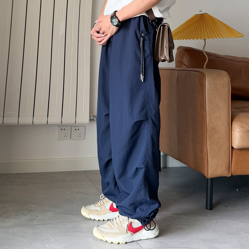 蓝色收脚伞兵裤男裤子大码薄款休闲裤加肥加大宽松工装直筒速干裤