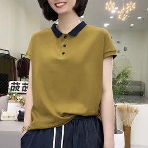 娃娃领撞色棉t恤显瘦夏季polo领短袖休闲运动翻领短款体恤衫上衣