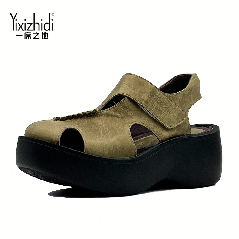 一席之地平跟蜡染皮全皮包头凉鞋