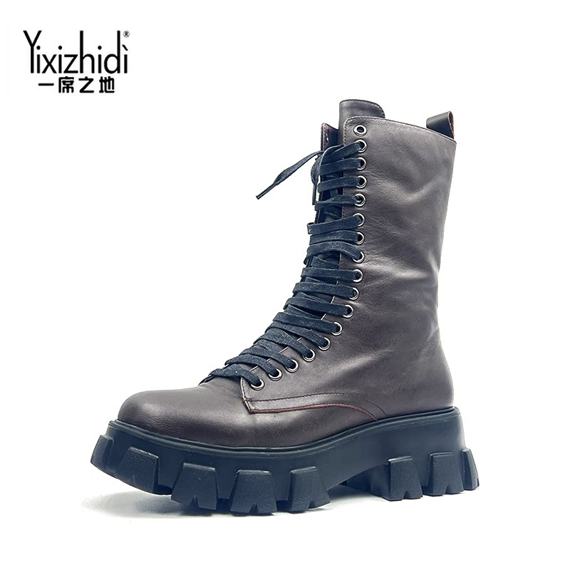 一席之地新款马丁靴真皮系带宽底厚底平跟侧拉链街头英伦舒适