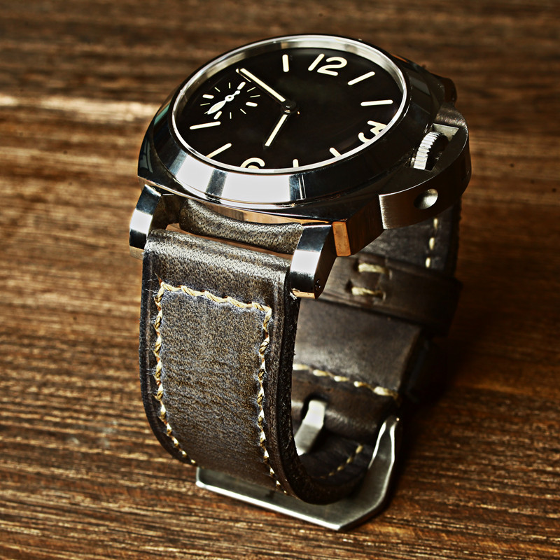 mc灰色针扣表带真皮手工定制做旧复古柔软适配沛纳海pam507 127