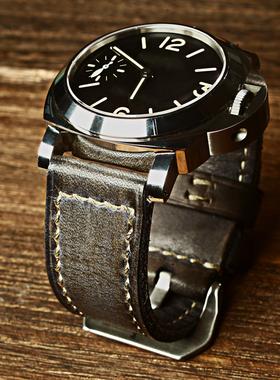 MC灰色针扣表带真皮手工定制做旧复古柔软适配沛纳海PAM507 127