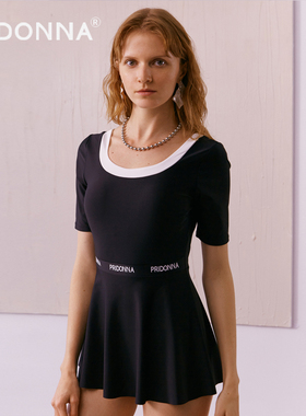 PRIDONNA连体裙式短袖泳衣 黑天鹅系列抗氯显瘦 时尚高腰露背泳装