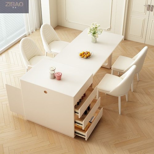 感法式奶油风岩板岛台加餐桌一体可伸缩家用轻奢导台X20