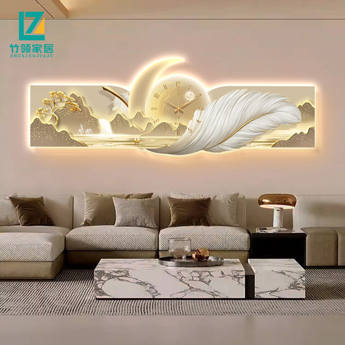 现代轻奢客厅装饰画带钟表2025新款高级感羽毛山水沙发背景墙壁灯