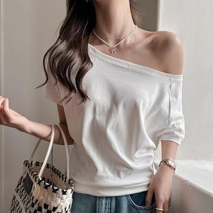 严选白色莫代尔一字肩短袖 甜辣宽松百搭露肩小上衣 t恤女夏季 新款