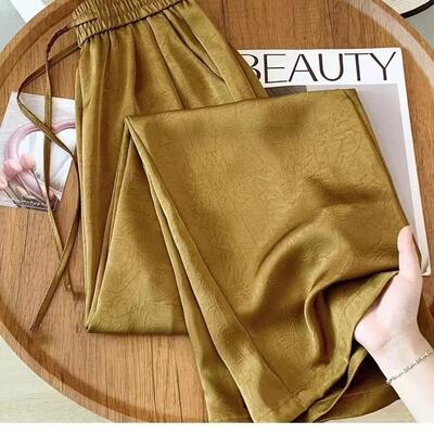 国风醋酸缎面阔腿裤女2025夏季新款薄款凉凉裤显瘦印花冰丝直筒裤