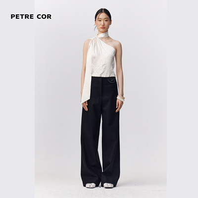 PETRE COR 独立设计师官方店24秋冬米色斜领挂脖飘带上衣