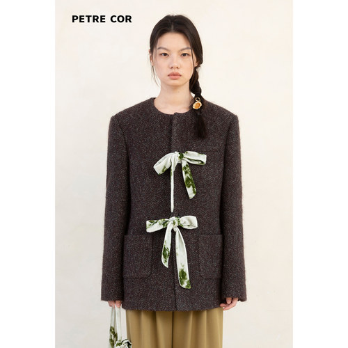 PETRECOR独立设计师官方店圆领系带短夹克上衣绵羊毛外套女25秋冬