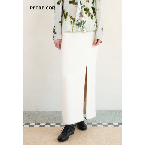 PETRECOR独立设计师官方店马海毛羊毛前开衩直筒半裙下装女25秋冬