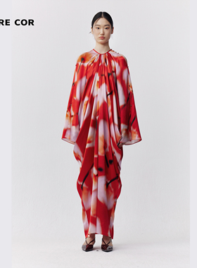 PETRE COR 独立设计师官方店24秋冬红色印花褶量连衣裙