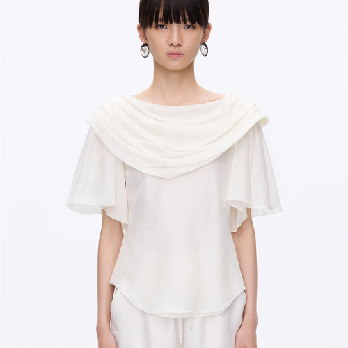 PETRE COR 独立设计师官方店桑蚕丝叠领泡泡袖短袖上衣女25春夏