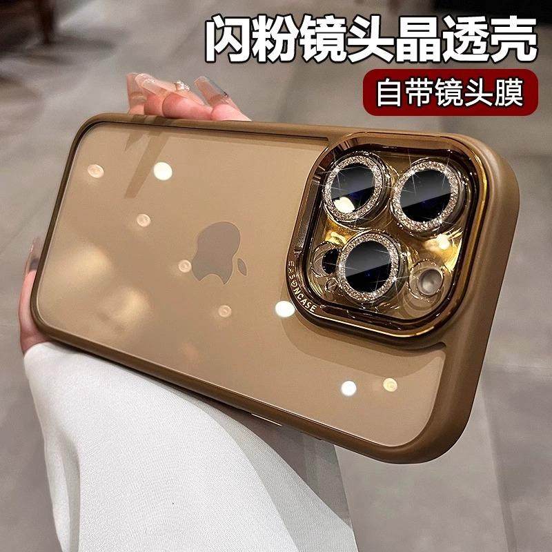 闪粉镜头膜适用苹果16promax手机壳2024新款女沙漠金色iphone15透明14pro高级感小众13奢华12全包16Plus防摔