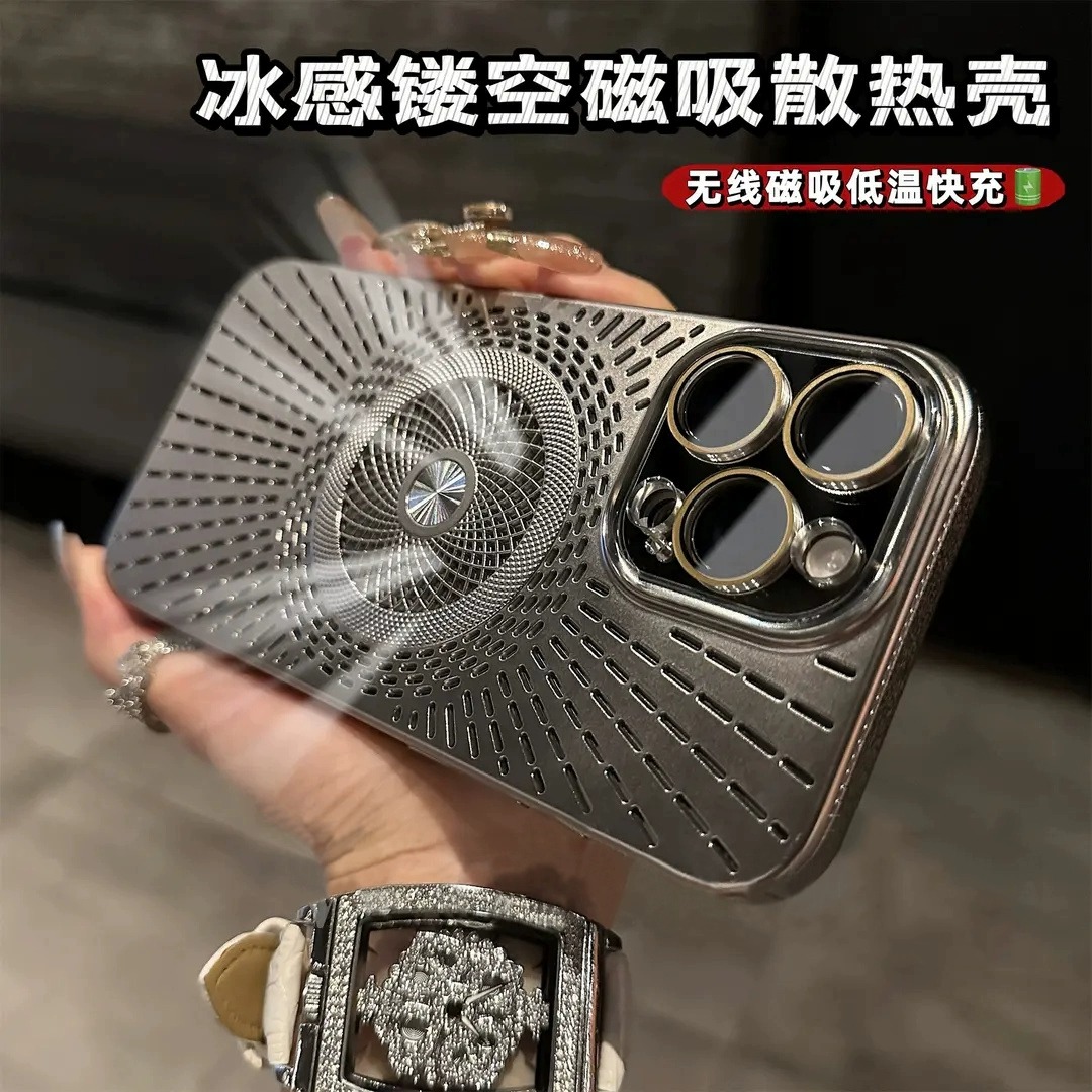冰感镂空散热磁吸适用苹果16promax手机壳新款iphone15自带镜头膜全包防摔保护套14/13/12高级感简约男女外壳