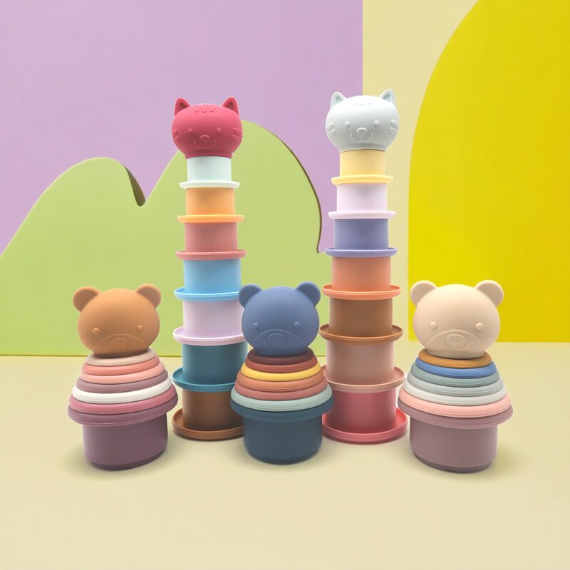 丹麦风软硅胶叠叠乐彩虹塔杯儿童早教教具叠叠杯牙胶stacking toy