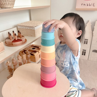 丹麦软硅胶叠叠杯彩虹塔杯儿童早教教具叠叠乐牙胶stacking toys