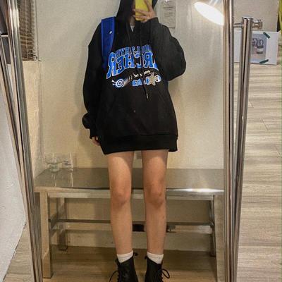 加绒加厚中长款连帽卫衣女2025年新款宽松韩版港风黑色外套上衣秋