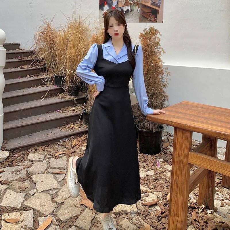 实拍秋冬新款撞色拼接假两件收腰系带A字长袖连衣