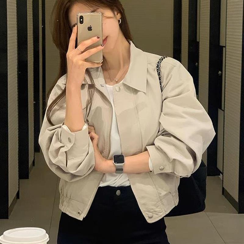 韩国chic秋季简约气质翻领薄款宽松休闲百搭小个子长袖夹克外套女