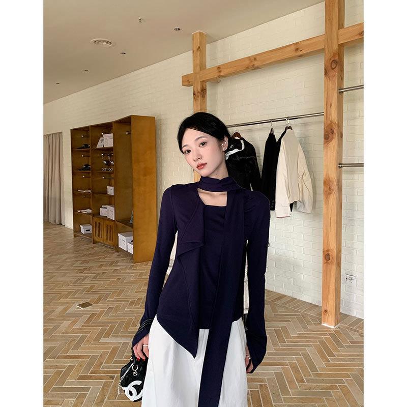 2025设计感荷叶边飘带长袖藏青色上衣秋季百搭打底衫修身内搭T恤