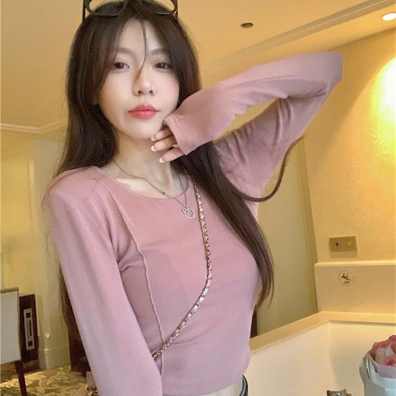 甜辣短款内搭T恤女2025秋季新款韩版修身打底衫长袖修身学生上衣