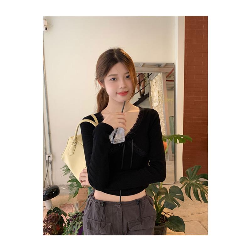 2025春秋新款韩系纯欲风蕾丝花边长袖t恤女内搭打底衫修身上衣