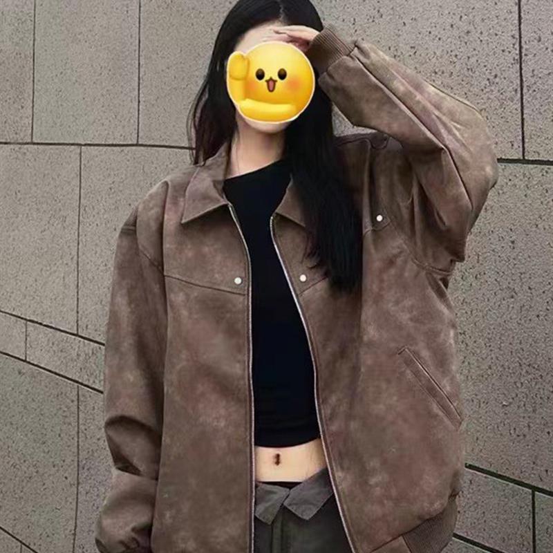 美式复古棕色翻领皮衣外套女美拉德高级感麂皮绒情侣夹克百搭机车