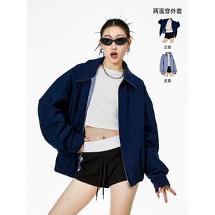 ICH MODE 美式两面穿格子外套女款2025新款秋冬流行工装夹克上衣