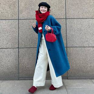 小众设计感高级感简约毛呢大衣女秋冬季蓝色单排扣中长款呢子外套