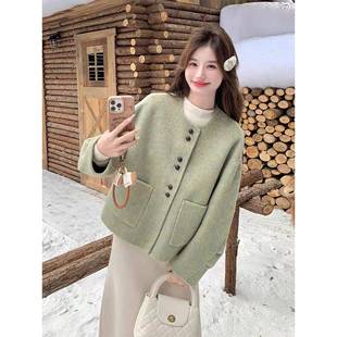 绿色双面羊绒大衣女短款2025新款韩版时尚单排扣宽松百搭毛呢外套