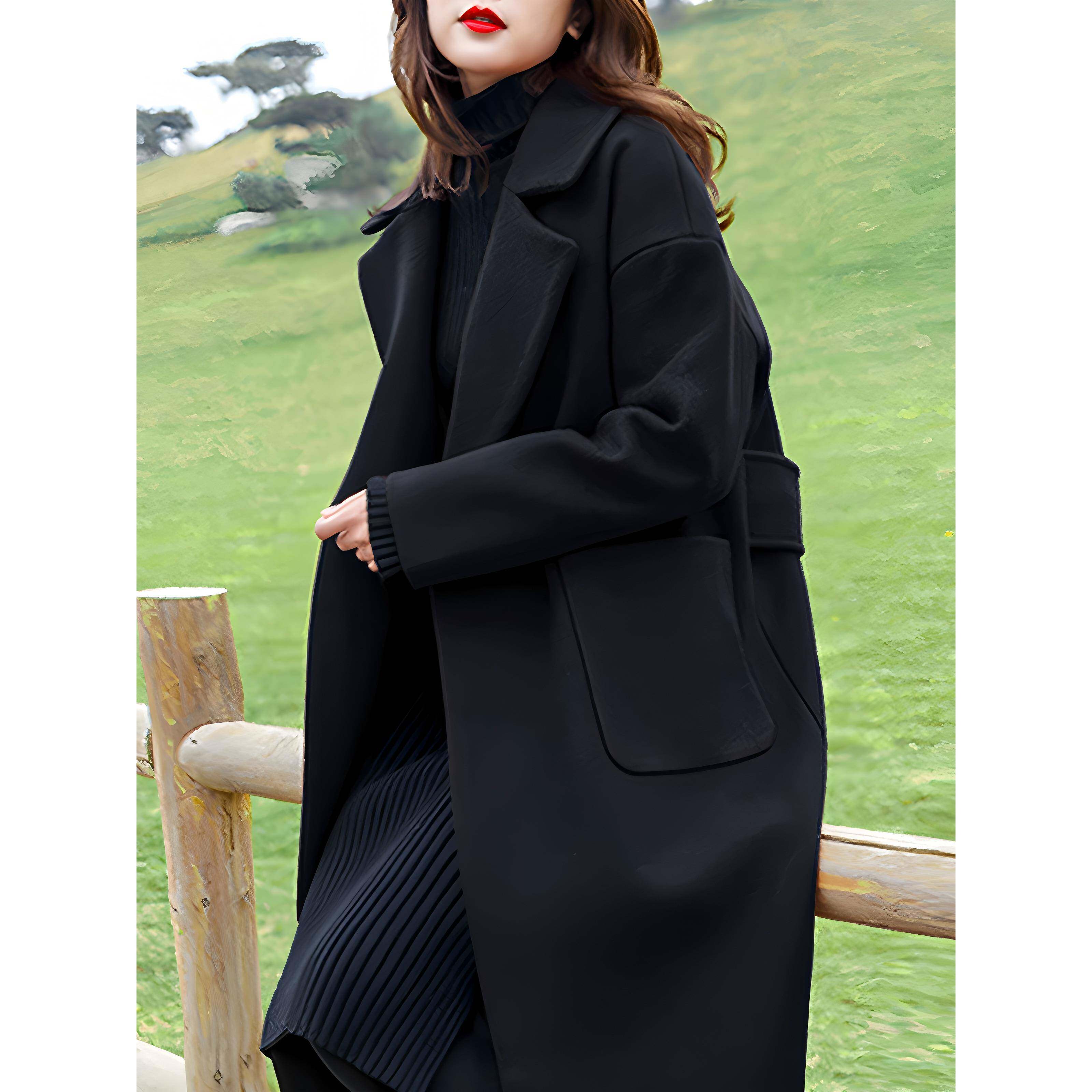 韩系黑色翻领毛呢外套女秋冬大码女装胖MM220斤小个子加厚呢大衣