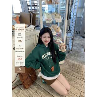 Joeyoo李乔优 连帽卫衣女装秋季韩系慵懒风字母绿色帽衫宽松上衣