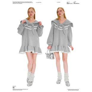 Caressfreedom水手领蝴蝶结绑带荷叶边蕾丝下摆少女卫衣连衣半裙