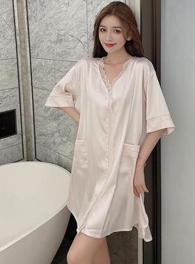 性感睡衣男友风白衬衫女秋季冰丝白色蕾丝长袖睡裙