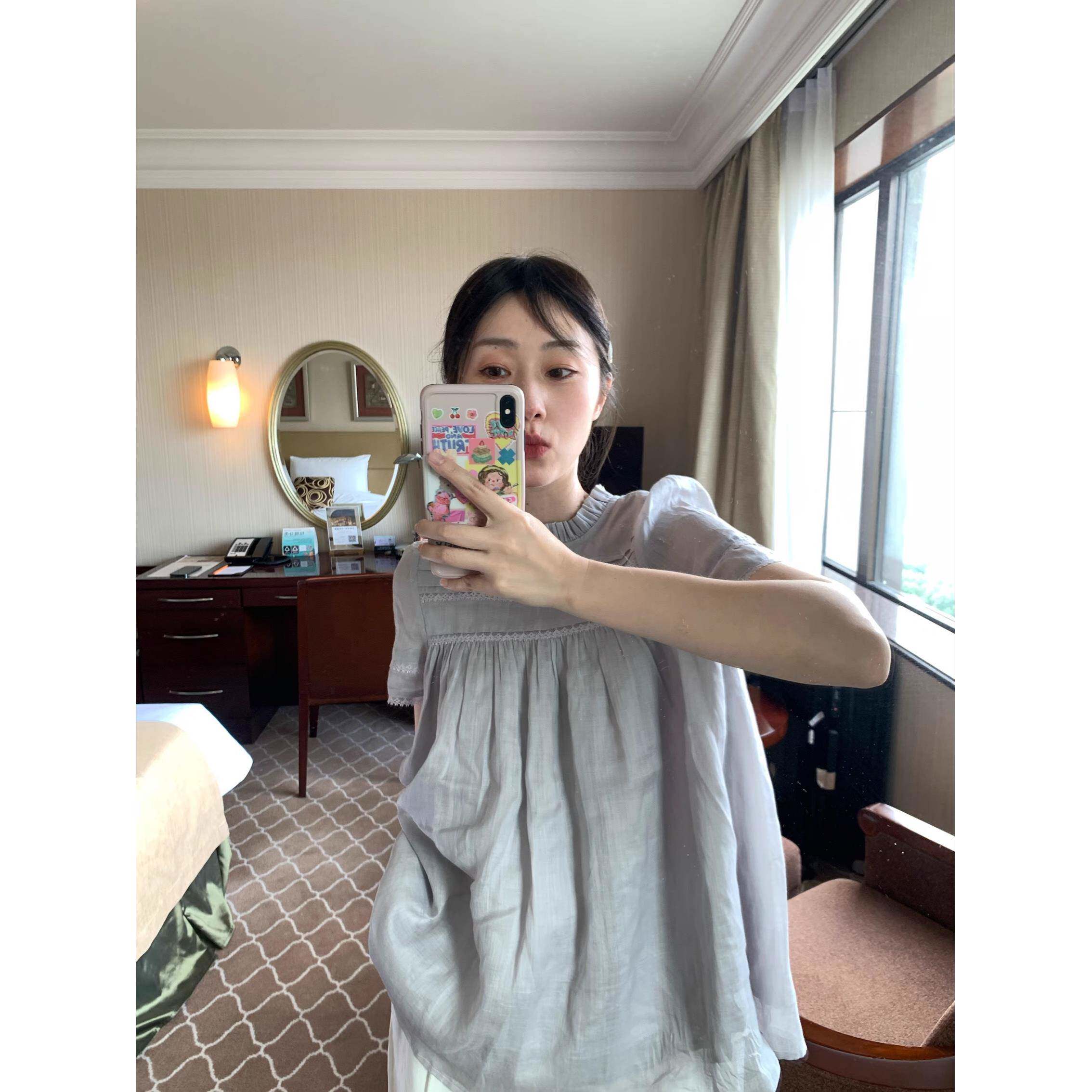 海岛知道夏天温柔的土豆紫色苎麻蕾丝公主蕾丝领娃娃衬衫纯棉衬里