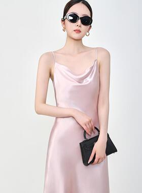 Mooelpom2025春季新款醋酸真丝紫粉色垂折领长版洋装女新款裙子