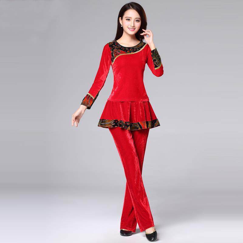 广场舞金丝绒舞蹈服套装秋冬季加厚中老年跳舞演出服装秧歌舞短裙