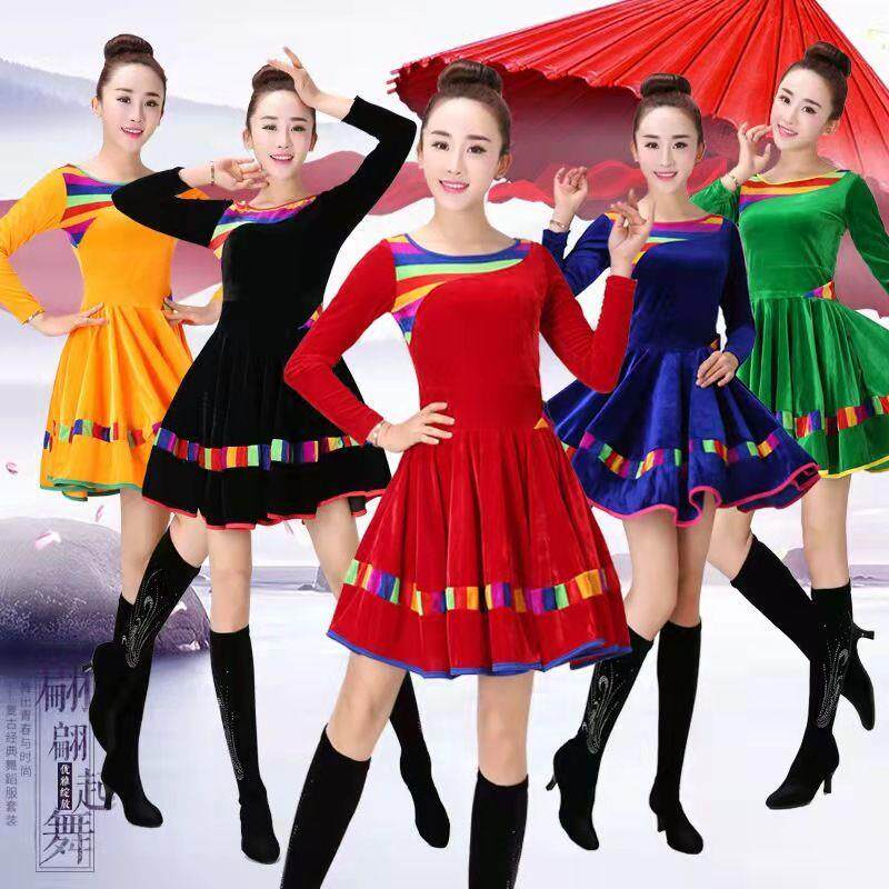 冬季广场舞服装舞蹈服款金丝绒连衣裙演出服装跳舞裙子成人女