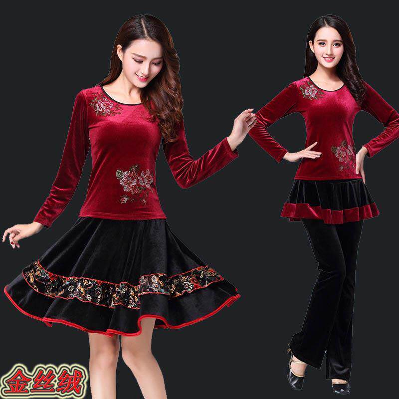 广场舞服装新款套装舞蹈服长袖秋冬金丝绒季跳舞裙子健身服饰