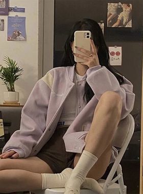 鹿皮绒棒球服外套女2023新款学生宽松香芋紫色秋冬季加绒加厚外套