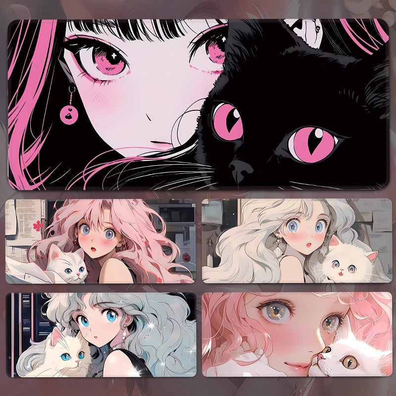 猫与少女鼠标垫超大电脑键盘垫子女生办公桌垫高颜值家用书桌垫